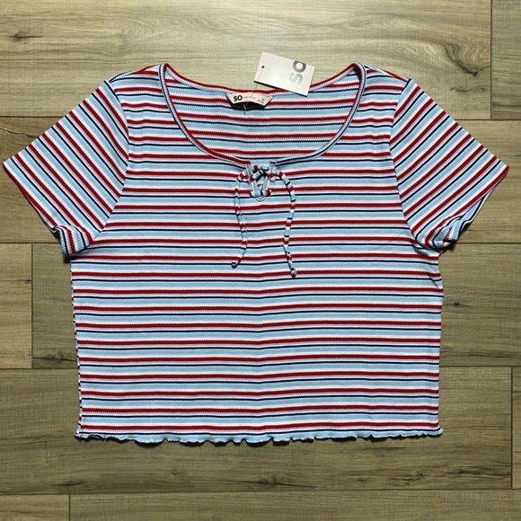 SO Tops - SO Good For Life Juniors Striped Lace-Up Tee Size 3X Blue White Red Green‎